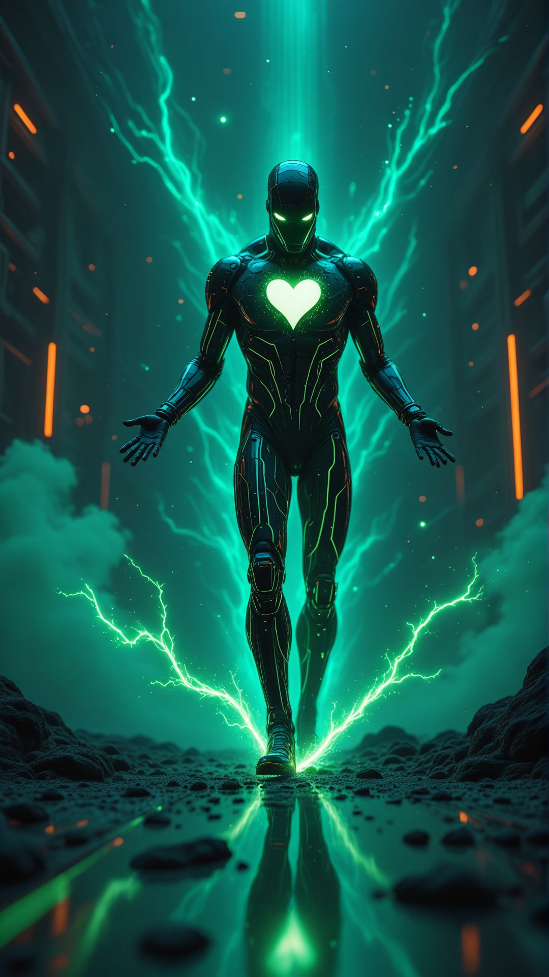 (Romantic AI Love Story Cover Art) – A futuristic illustration of a humanoid AI with a glowing heart-shaped core, standing in front of a human woman. Their hands are almost touching, the connection between technology and emotion captured in a vibrant neon-lit cyber setting. 
, aidmafluxpro1.1 <lora:aidmaFLuxPro1.1_v0.3_IL:0.8>