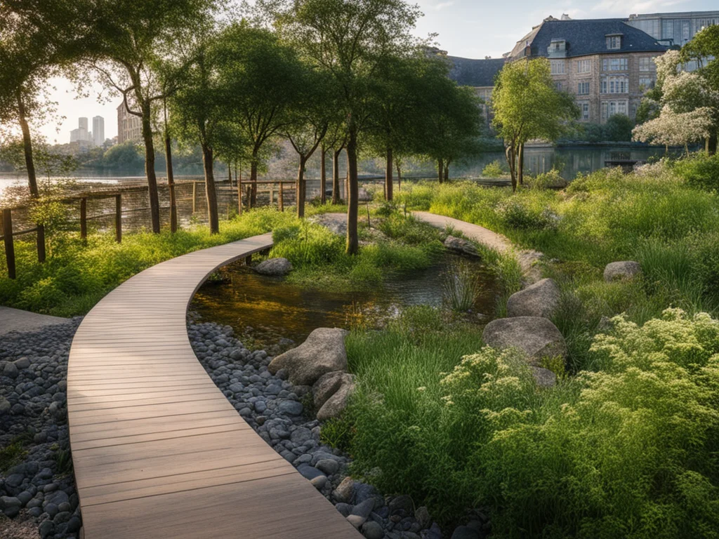 <lora:JJsEcology_Park_XL:1> , ((Ecology Park)),masterpiece , best quality, Landscape, scenery, outdoors, building, tree, sky, real world location, grass, bush, flower, city, water, lawn, sidewalk, ivy, bench,sakura, dawn, rain,pond,day, column, beam, RAW photo, subject, 8k uhd, dslr, soft lighting, high quality, film grain, Fujifilm XT3, aquatic plants, wood hand rail, soil, wild grass, river, rock,pebble,