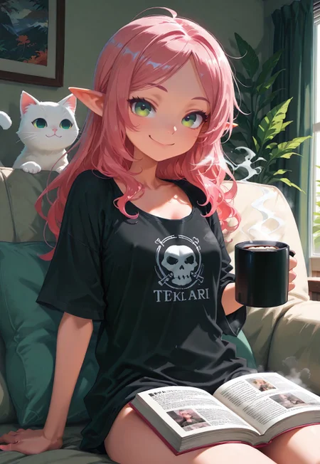 safe_pos, solo, living room, elf girl, skinny, small breasts, straight long pink hair, green eyes, oversized black shirt, large t-shirt, nude t-shirt, sitting, reading book, holding steaming coffee mug, relaxed smile, cute, white cat, cozy,
t4kar4i_illu, no_outlines, no lineart,
masterpiece, best quality, absurdres, [dynamic pose]