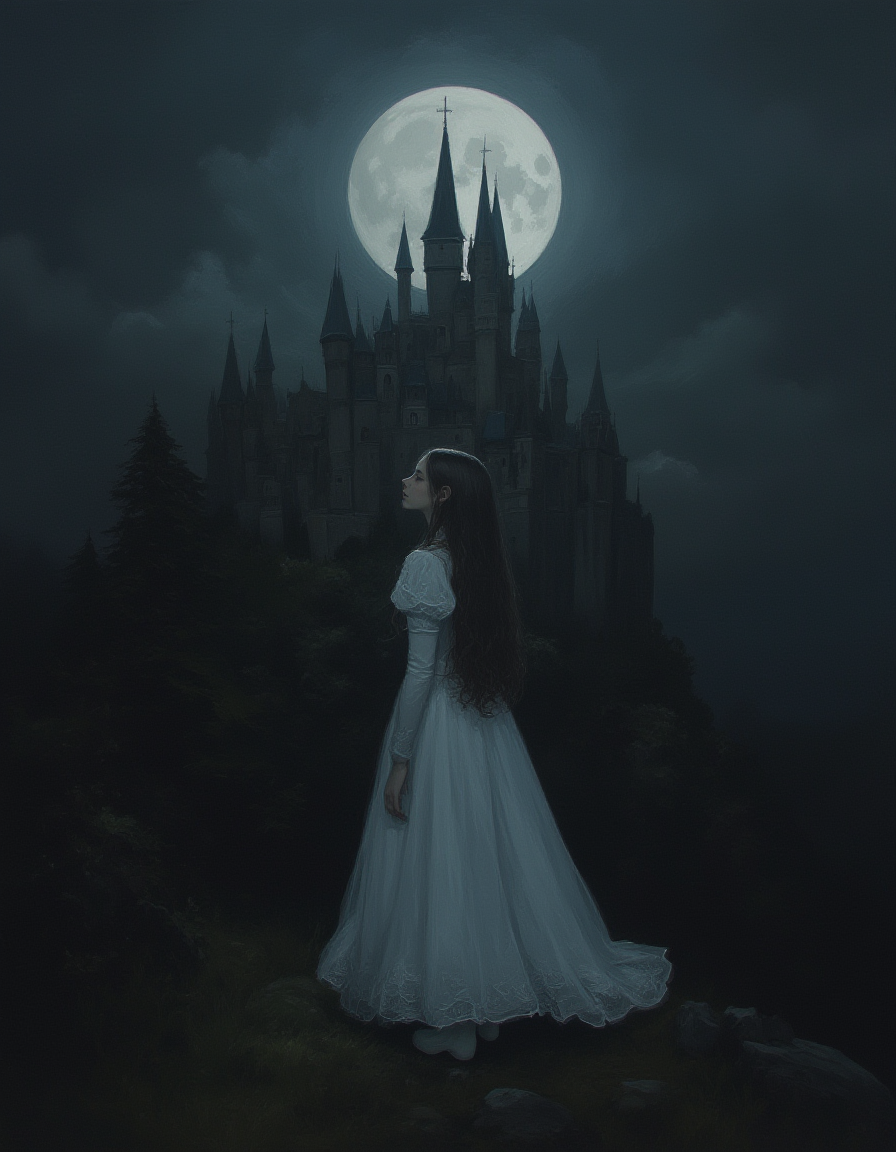 Minimalist oil painting a pale melancholy 12 year old princess in a Victorian dress, inside a castle lit by strong moonlight, novuschroma, vantablack, niji_flux <lora:- Flux1 - vanta_black_V2.0:.8> <lora:113_novuschromaFLX_1:.4>  <lora:MoriiMee_Gothic_Niji_Style__FLUX_LoRA_Test_2:1> <lora:neeeg_f1:-1>
