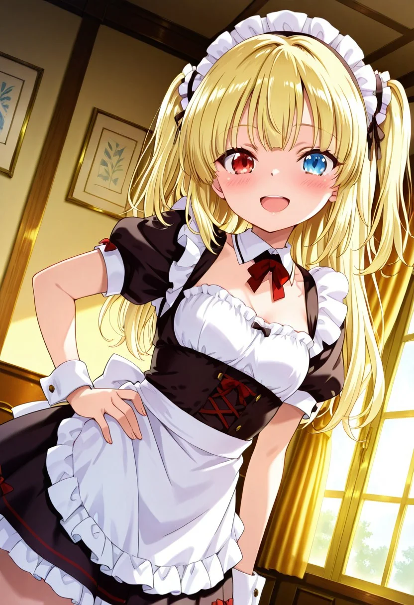 general,highres, ultra-detailed,very aesthetic,best quality ,best hands,best eyes,easynegative,
dynamic anglre, dutch angle, anime cloring,
1girl solo,looking at viewer,indoors, bedroom, smile, open mouth, blush, hand on hip,
Kobato Hasegawa,yellow_hair, long_hair, twintails, heterochromia, red eye, blue eye,small breasts, short body,maid costume,