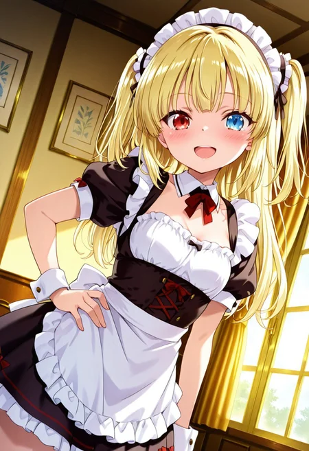 general,highres, ultra-detailed,very aesthetic,best quality ,best hands,best eyes,easynegative,
dynamic anglre, dutch angle, anime cloring,
1girl solo,looking at viewer,indoors, bedroom, smile, open mouth, blush, hand on hip,
Kobato Hasegawa,yellow_hair, long_hair, twintails, heterochromia, red eye, blue eye,small breasts, short body,maid costume,