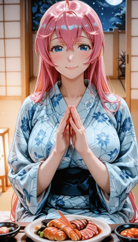 best quality, masterpiece, anime_screencap, hi res, best_quality, very aesthetic, absurdres, 8k,
<lora:2.3D_Art_Style:0.2>,  <lora:Smooth Booster:0.4>, <lora:il_brightness_slider_d1:-0.5> ,  <lora:il_contrast_slider_d1:-0.3>, <lora:IL-lineart_adjust-mki:-1.6>,
BREAK,
1girl, otmn, <lora:MilAiDou_1_8_Illustrious_Otome_New_V1_16dim_8alpha_3batch_CAME_Cosine_Res:1>,ahoge, large breasts,(No makeup)),foodgasm, blue yukata, smile, happy,palms together
BREAK
ryokan, japanese room, tatami, night,"heyashoku", food, Japanisches Essen,sashimi, ,<lora:heyashoku:0.8>