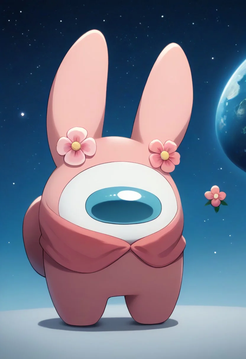 score_9, score_8_up, score_7_up, score_6_up, score_5_up, (ultra realistic, 32k, masterpiece:1.2), (high quality:1.1), (Mymelo), antro, female, solo, :3, animal ears, open mouth, full body, rabbit ears, no humans, happy, pink flower, animal hood, animal focus, pink hooded capelet, furry, pokemon (creature), white body, space, galaxy, (crewmate (among us), spacesuit, no humans, space helmet, full body, solo)