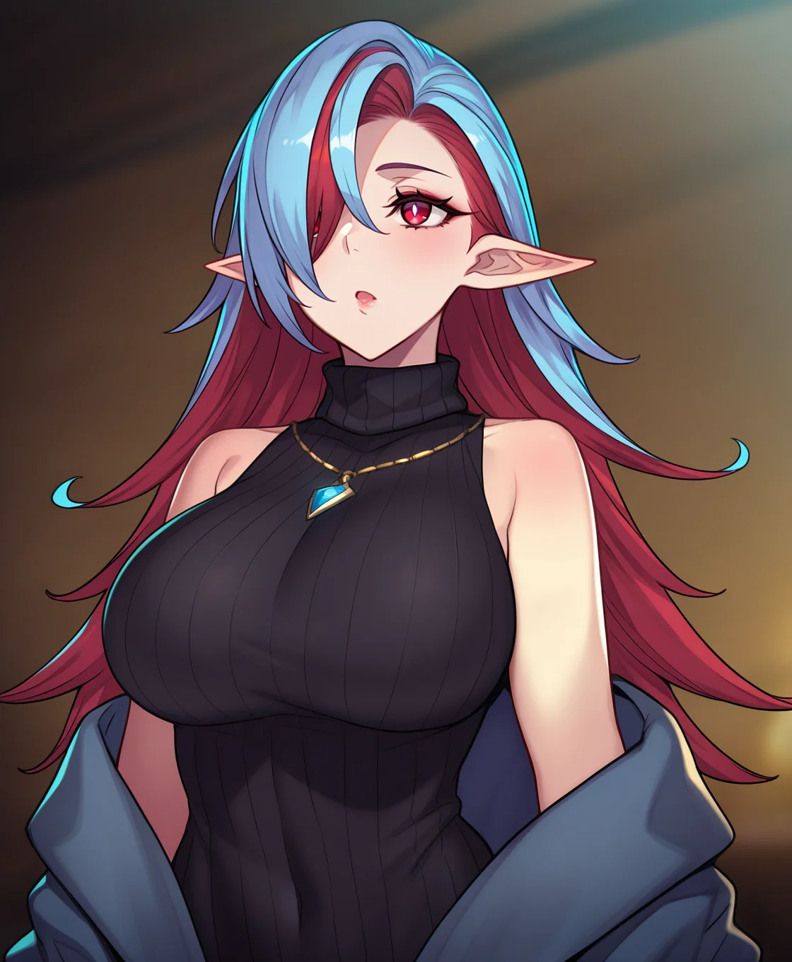 masterpiece, best quality, detailed background, absurdres, 1girl, sexy woman, long hair, breasts, simple background, looking ahead, upper body, large breasts, red eyes, bare shoulders, (blue_hair), red_hair, multicolored hair, parted lips, sleeveless, pointy ears, asymmetrical bangs, necklace, (hair over one eye), two-tone hair, coat, turtleneck, elf, turtleneck sweater, black sweater,
<lora:SethxZoe:1>