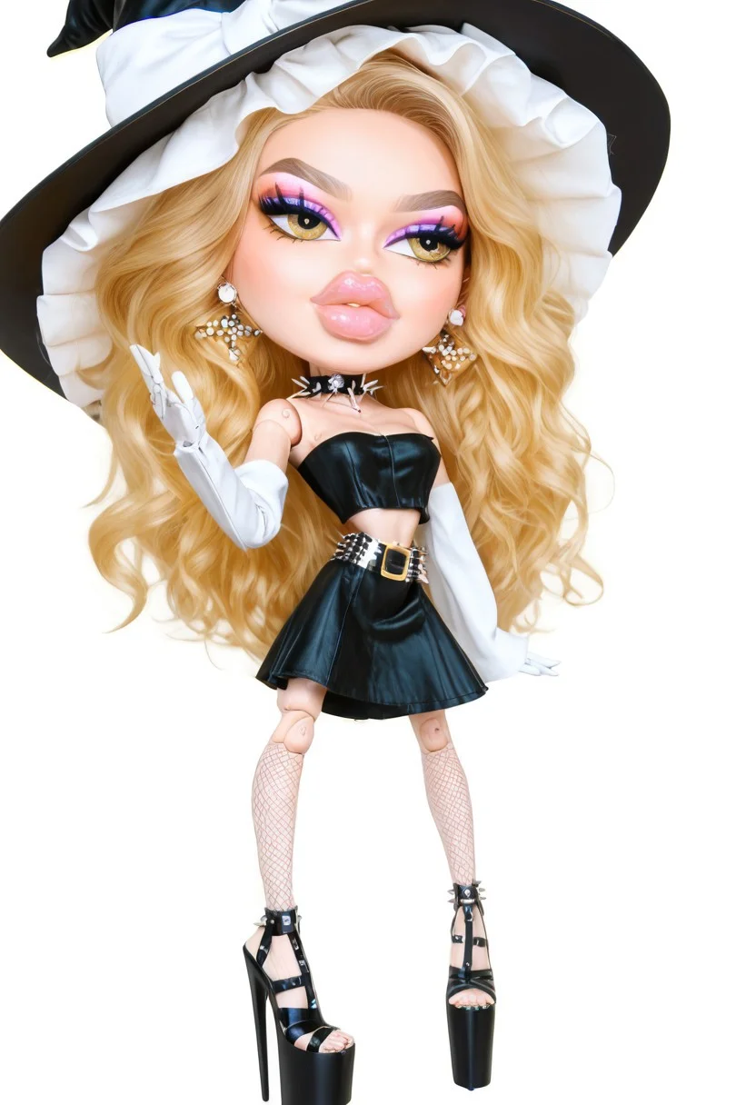 score_9,score_8_up,score_7_up,score_6_up,, bratzxl,Bratz doll with detailed eyes and big lips and brown curly rococo hair wearing versace colorful flowers black dress,  (((realism, hyper-realistic, photo, realistic photograph, photorealistic))), breasts, full body , plastic skin , (((doll joints))), (masterpiece, top quality, best quality, beautiful and aesthetic:1.2), (((kirisame marisa))), doll, chibi, bimbo, (((big head))), 1girl, solo, breasts, curvy, wide hips, narrow waist, doll joints, lips, blonde hair, yellow eyes, single braid, witch hat, white ribbon, black skirt, black shirt, waist apron, white sleeves, beltskirt, thighhighs, hair_between_eyes, midriff, navel, (((makeup))), (((eyeshadow))), yellow eyeshadow, eyeliner, thick eyebrows, thick eyelashes, (((thick lips))),(((very thick lips))), bimbo lips, yellow lips, closed mouth, cowboy shot, (((earrings))), looking to the side, <lora:BratzXL:0.9>, high heels, platform heels, slutty_clothes, choker, thighhighs, fishnets, curvy, breasts, spiked choker, jewelry, bracelet, armlet, necklace, anklet, elbow gloves, belt, tube top, lingerie, cleavage, simple background, white background, transparent background, 3D