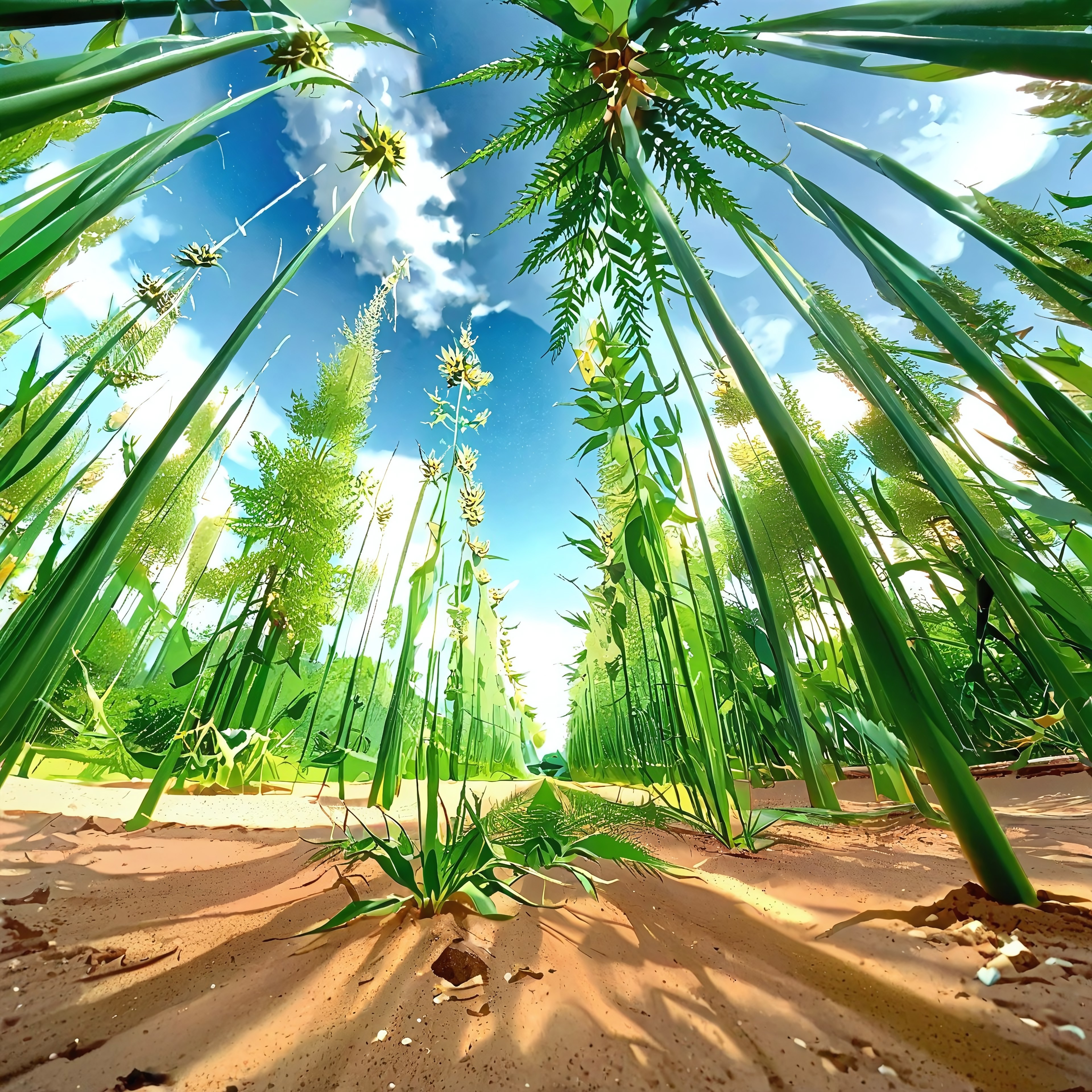 
anime style, low-angle view in a grassy meadow, everything appears massive from a tiny perspective, sparkling dewdrops clinging to oversized grass blades, shimmering puddles reflecting soft sky hues, gentle wildflowers swaying overhead, sunlight filtering through in golden streaks, pastel tones, ethereal atmosphere, whimsical and dreamlike mood, magical garden scenery, watercolor-like shading, soft gradients, glowing highlights, macro anime background, cinematic frame, ultra clean line art, Ghibli-inspired






