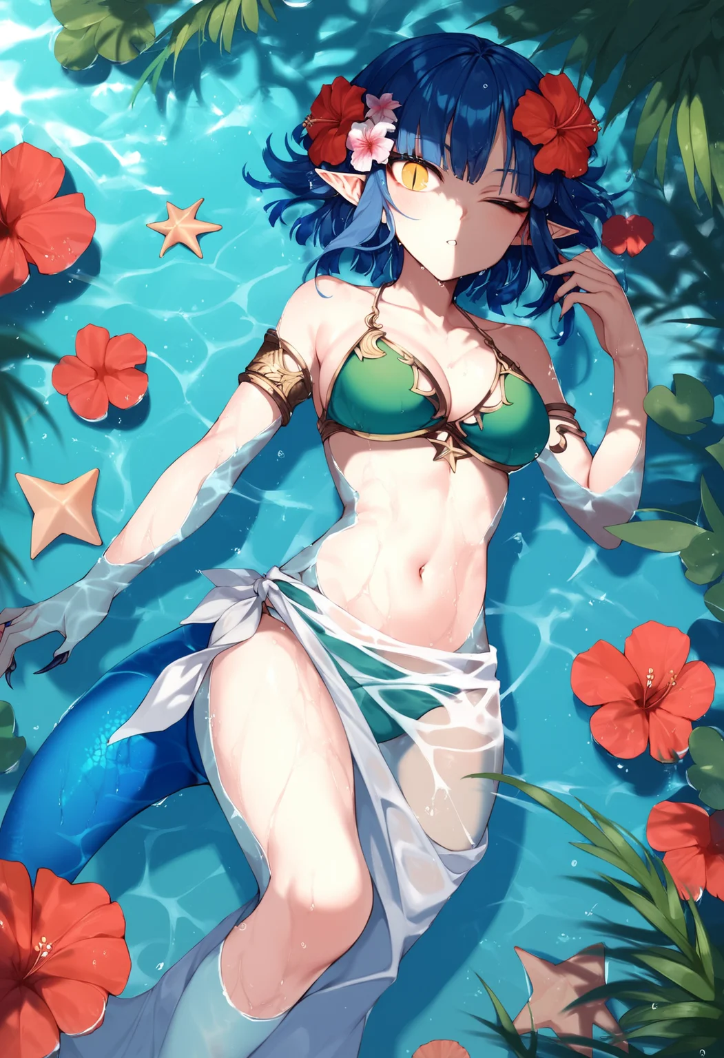 score_9, score_8_up, score_7_up,
1girl, pointed ears, yellow eyes, slit pupils, blue hair, blind bangs, short hair, hime cut, lizard tail, blue tail, medium breasts, skinny, claws,
flower, hair ornament, hair flower, partially submerged, navel, green bikini, water, armlet, parted lips, starfish, outdoors, hibiscus, wet, white sarong,
one eye closed, lying on back, on water,
<lora:Haseru(GinkuMh):1>, ginkumh1,