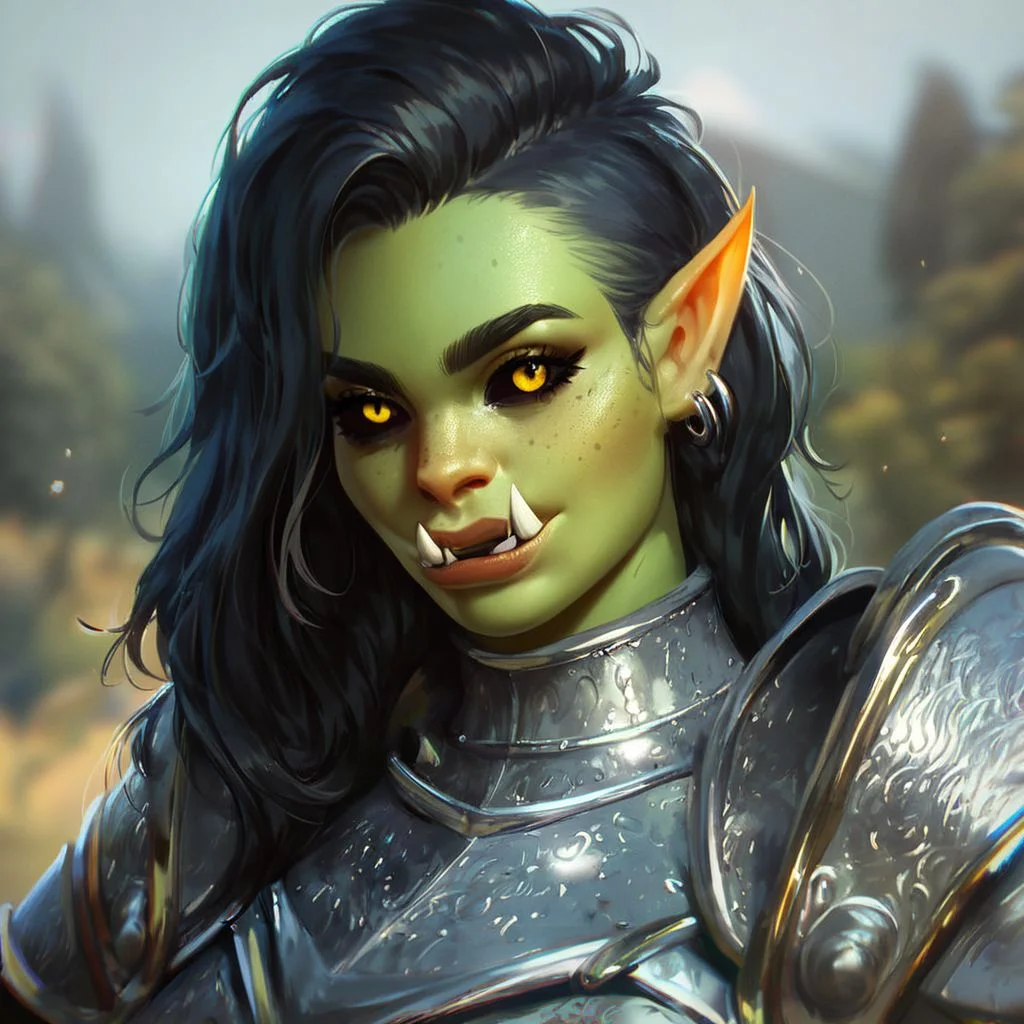(((beautiful, high quality))), upper Body, score_9, score_8_up, score_7_up,
Orc, fangs, pointed ears, black sclera, 1girl, green skin, yellow eyes, black hair, armor,
looking at the viewer, posing,
blurred background,