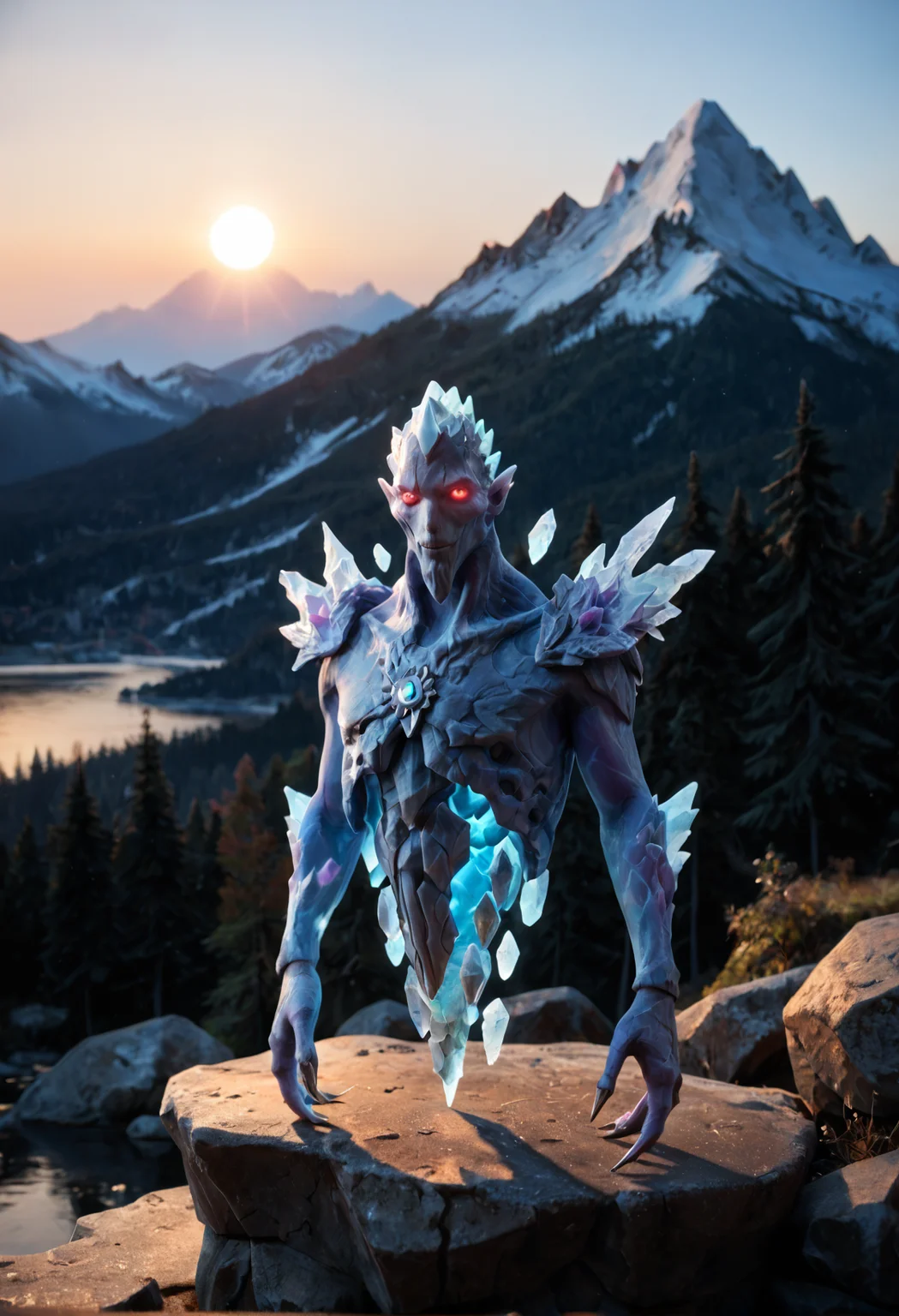 <lora:Ancient_Apparition_V2:1> ancient_apparition_v2,
monster, no humans, pokemon (creature),
red eyes, glowing eyes,
claws, spike
glowing, ice, crystal, floating,, score_9, score_8_up, score_7_up, score_6_up, derpibooru_p_95,
detailed eyes, beautiful, detailed background, perfect eyes,
blur censor, blurry, blurry background, blurry foreground, bokeh, motion blur,
chromatic aberration, depth of field, figure, focused, focus
photography, realistic sun light and shadows, photorealism, UHD --ar 9:16 --style raw --stylize 700,
solo,
scenery, surreal, a beautiful view of a valley, in the center of the valley a forest, in the center of the forest a lake, a river starts from the lake, snow-capped mountains in the background, at sunset, the sun sets behind the mountains, the sun reflects on the lake, light smile:0.3, head tilt,