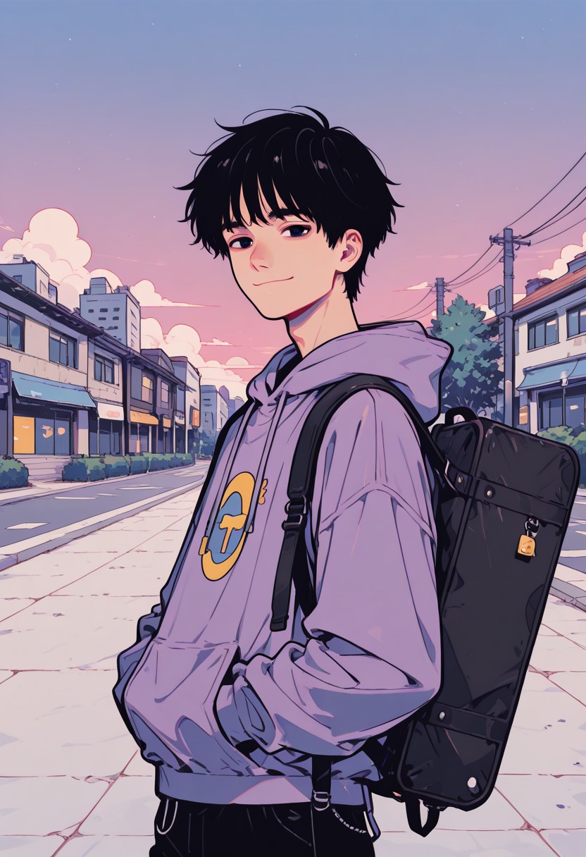 score_9, score_8_up, score_7_up, source_anime, highly detailed, inkoust, (in case: 0,6), detailed face, (dynamics: 1), stylized, illustration, flat line, flat vector illustration, kazahaya, side view, 1boy, male focus, solo, black hair, upper body, black eyes, looking at viewer, smile, hoodie, hood, pants,
outdoor, buildings, sky