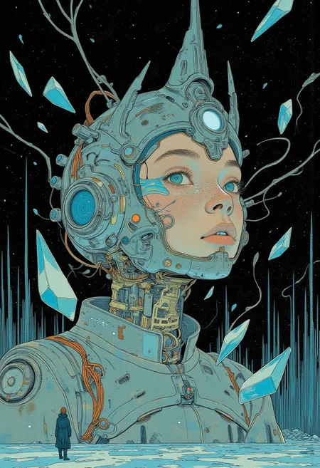 A surreal, hyper-stylized painting captures a younger woman with sharp, otherworldly features. Her porcelain skin glows with an icy brilliance, and her piercing silver eyes hold a stern detachment. Clad in a rigid, futuristic suit of shimmering chrome, her angular silhouette exudes a cold, untouchable aura. Around her, angular shards of glass float in precise, geometric patterns, reflecting harsh, fragmented light. The deep, shadowed void behind her amplifies the stark, metallic sharpness of her presence, creating an atmosphere that feels both distant and unyielding.