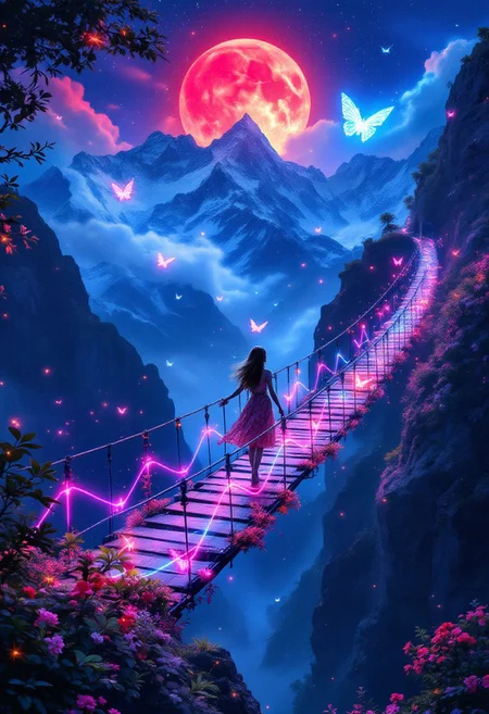 mega beautiful neon butterfly suspension bridge on the night Everest, beautiful girl walking on the bridge, rich colors, play of colors, fairy tale landscape, red moon, stardust, rainbow, macro, detail drawing, aperture: f/5.8 ISO:600, realistic, intricate details, hyper-detailed, kodak 50mm lens, professional photoshoot, full-hight scene view