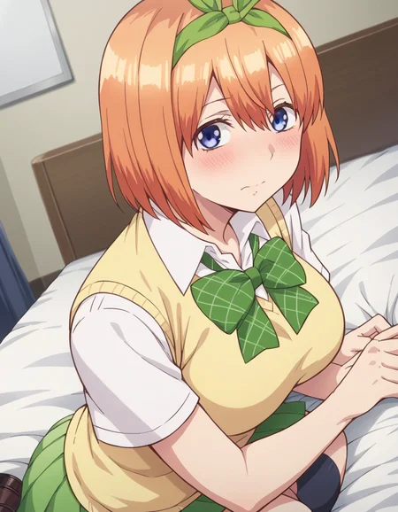 score_9, score_8_up, score_7_up, source_anime,
yotsubanakano, <lora:yotsuba-nakano-s1-ponyxl-lora-nochekaiser:1>,
yotsuba nakano, bangs, short hair, blue eyes, hair between eyes, hair ribbon, hairband, orange hair, green ribbon, mature female,
skirt, shirt, bow, ribbon, school uniform, white shirt, short sleeves, pleated skirt, shoes, socks, collared shirt, miniskirt, bowtie, black footwear, kneehighs, green skirt, black socks, loafers, green bow, sweater vest, green ribbon, yellow sweater vest,
indoors, bed, bed room, on side, blush, drunk,
looking at viewer, cowboy shot, dutch angle, solo,