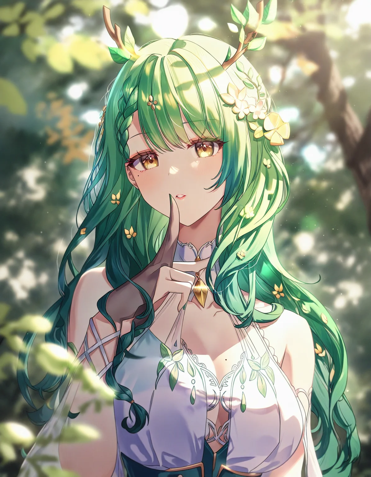 1girl, index finger raised, solo, long hair, bangs, hair ornament, yellow eyes, upper body, multicolored hair, outdoors, parted lips, green hair, hair flower, blurry, tree, mole under eye, single braid, leaf, eyes visible through hair, butterfly, branch, antlers, braided bangs, ceres fauna, amazing quality, <lora:jlt4n:1>