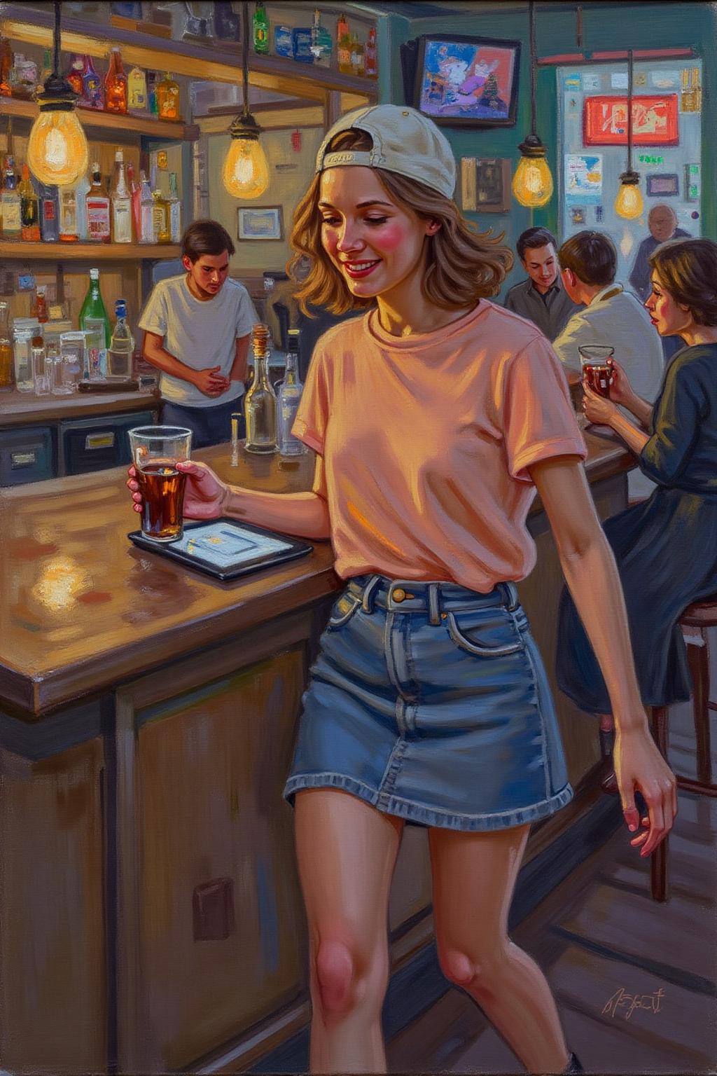 helenmcnicoll2 painting. dulac1. 
The air buzzes with the energy of a busy bar, a mix of music, conversation, and the clinking of glasses. A barmaid, the embodiment of youthful vibrancy, navigates the lively scene. She wears a peach-coloured T-shirt, the soft fabric contrasting with the smooth, cold glass of coke she carries on a small tablet. Her short skirt adds a playful touch, and a backwards baseball cap hints at a carefree attitude. The setting and atmosphere are palpable: the warm, slightly sticky surface of the bar counter under her fingertips, the dim, colourful lighting that casts playful shadows. Sensory details are abundant: the condensation forming on the glass of coke, the texture of her denim skirt, and the way the bar lights catch the highlights in her hair. Her confident stride, her quick smile, and her efficient movements. Stylistically, the image draws inspiration from the vibrant, candid shots of nightlife photographers, with a touch of the stylized realism found in contemporary illustration. There's a deliberate contrast between the barmaid's youthful energy and the slightly worn, lived-in atmosphere of the bar, creating a dynamic and engaging image. <lora:helenmcnicoll2_cap_d6a3:1.0><lora:838474785802511281:0>
