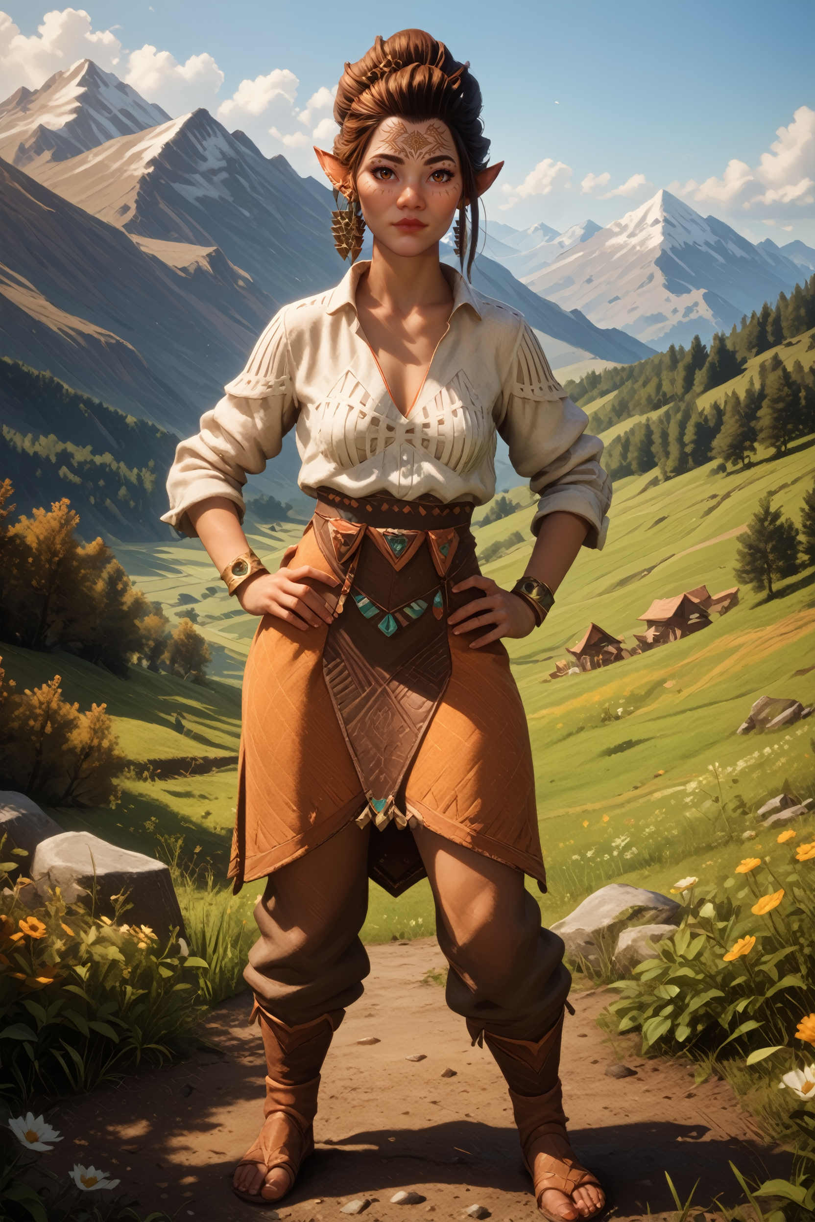 score_9, score_8_up, score_7_up, score_6_up
<lora:DVBellara:0.8>
DVBellara, 1girl, brown hair, hair updo, brown eyes, facial marks, pointy ears, earring, looking at viewer, hands on hips, mountains, field, full body