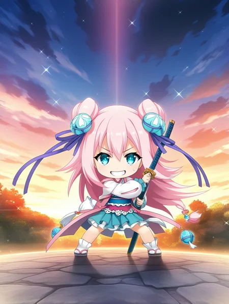 masterpiece,best quality,amazing quality,very aesthetic,absurdres,newest,scenery,<lora:mari_sengoku koihime_ilxl_v1-000010:0.8>,(chibi),1girl,pink hair,(solo:1.5),hair ornament,blue eyes,long hair,smile,looking at viewer,long sleeves,hair flower,hair ribbon,mari\(sengoku koihime\),standing,teeth,sweatdrop,serious,sparkle,glowing eyes,katana,battoujutsu stance,scabbard,unsheathing,