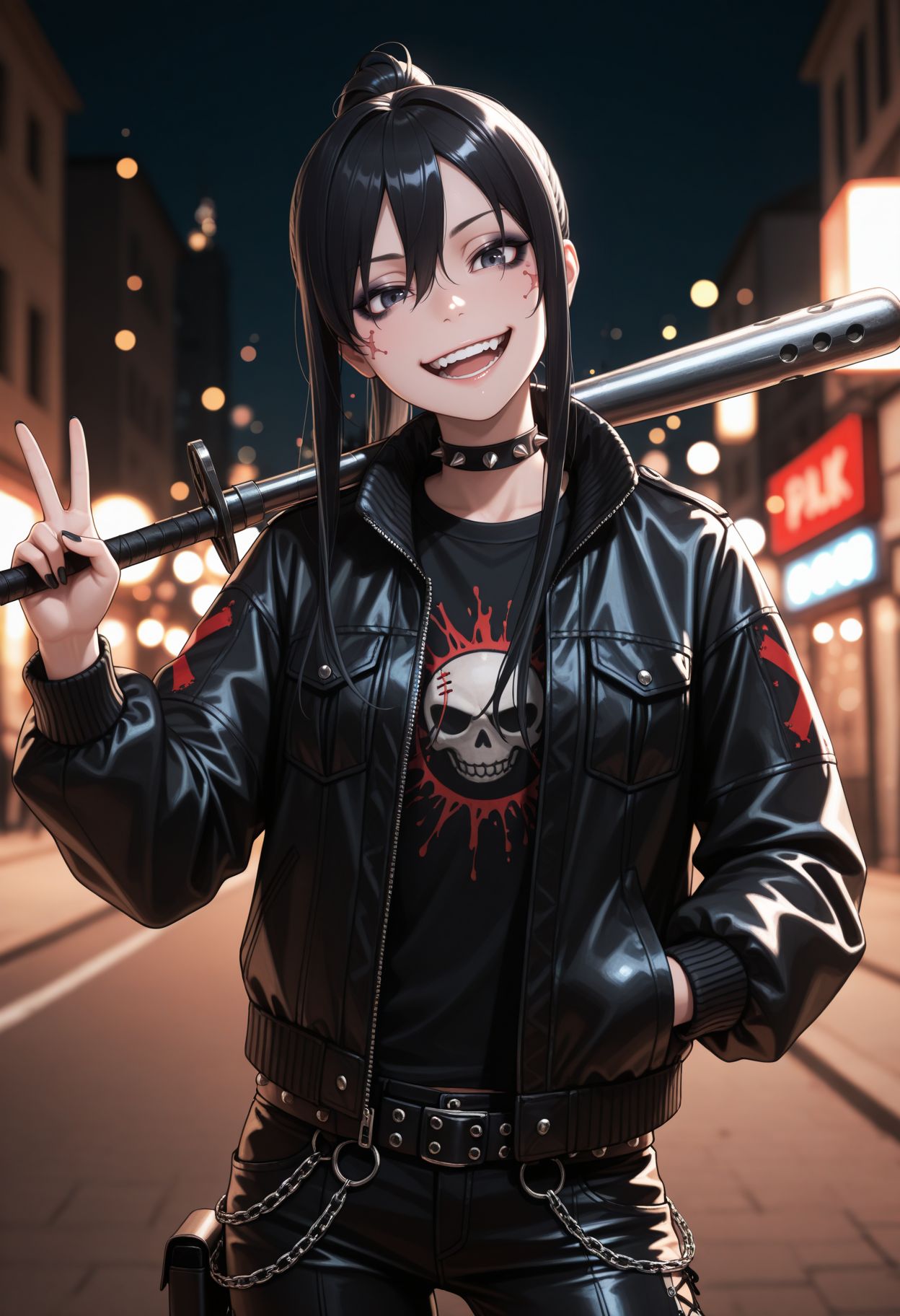 masterpiece,best quality,absurdres,highres,very aesthetic,high quality,detailed,insanely detailed,beautiful,perfect lighting, ,depth of field,blurry background,bokeh,  looking at viewer, peace sign, smile, grin, 
  <lora:Pitohui  illu:1> 1girl, black hair, ponytail, long hair, sidelocks, ((punk outfit,)), smile, open jacket, hand on pocket, goth eyeliner, open mouth, full teeth, black nails, looking at viewer, outdoor, street, holding baseball batt, night, punk expression, weapon over shoulder,