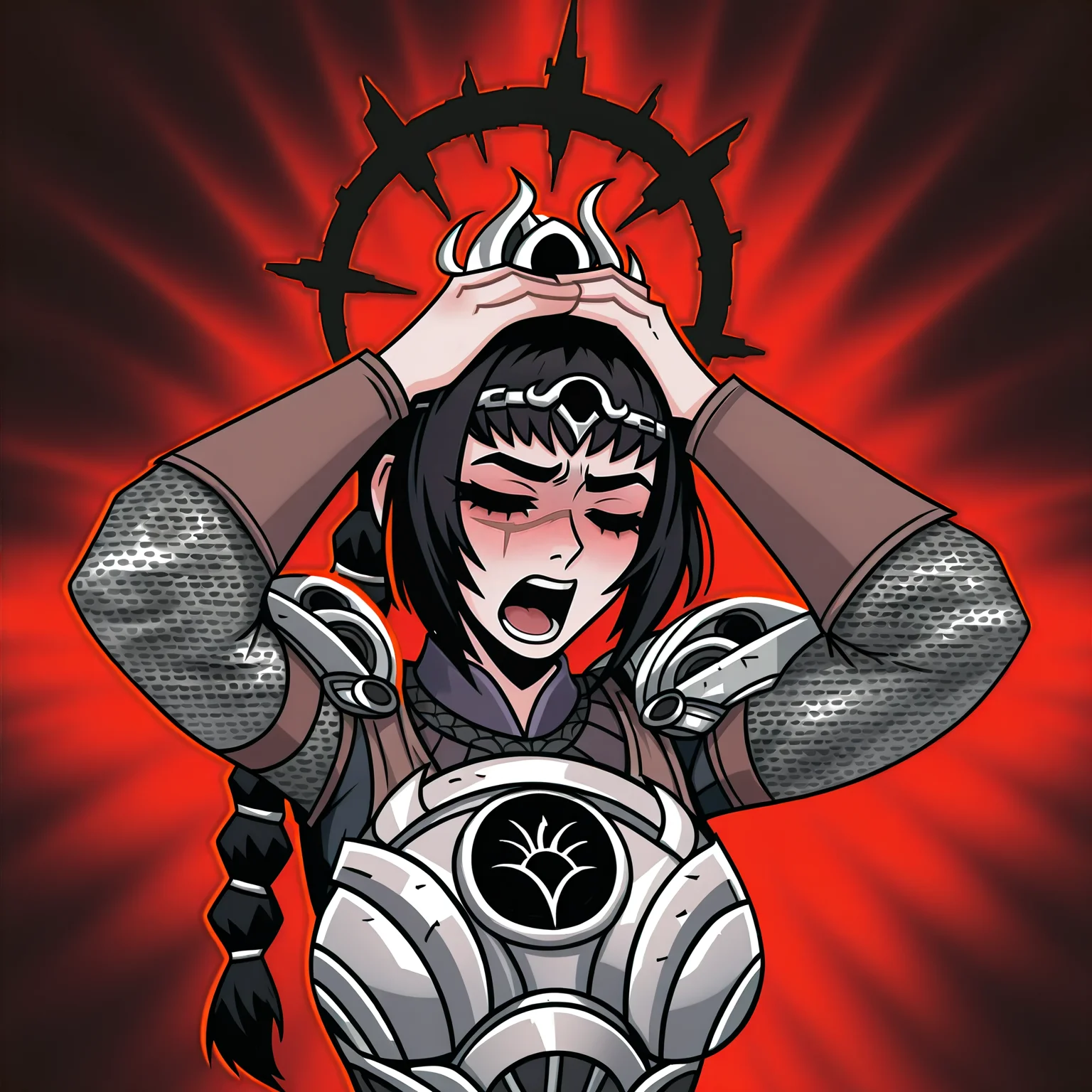 masterpiece, best quality, very aesthetic, absurdres BREAK
1girl, solo, shadowheart, black hair, braided ponytail, scar on face, circlet, armor, large breasts,
affliction, black halo, hands on own head, closed eyes, pain, open mouth,
upper body, solo, red background, black background <lora:AfflictionIllustriousXL_byKonan:1> <lora:ShadowHeartIllustrious_byKonan:0.8>