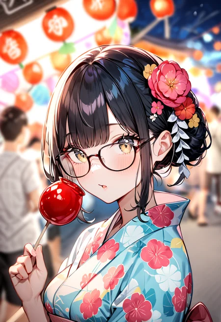 masterpiece, best quality, very aesthetic, absurdres,
ringoame, 1girl, glasses, food, black hair, yukata, floral print, candy apple, hair ornament, looking at viewer, hair flower, holding food, upper body, holding, outdoors, bangs, blurry background, night, summer, paper fan, uchiwa, paper lantern, 
 <lora:ringoame_SDXL_V1:1>