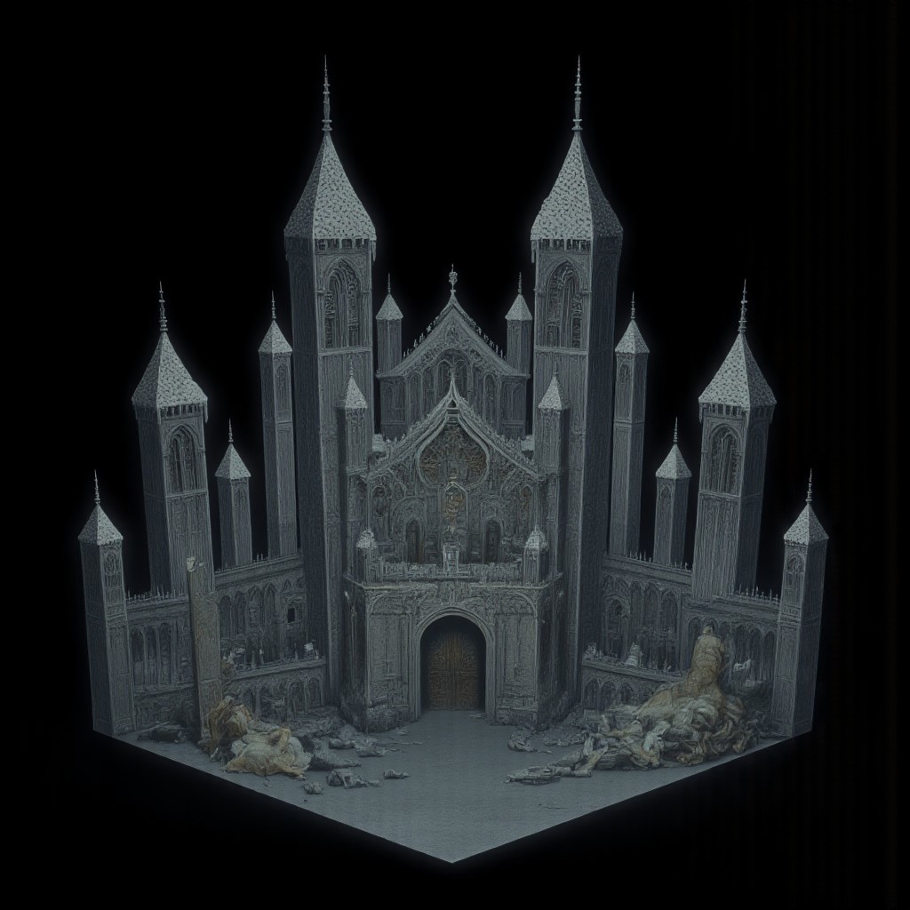 A Medieval castle with elderscrolls inspired aestetics and legend of zelda
Set against a solid dark black color background to emphasize its unsettling unnatural form that emphasizes its silhouette. The medium is not a traditional painting or illustrative medium like watercolor or ink but rather a digital 3D rendering.
MikeFranchinastyle, d4artstyle, d4concept, , bbstyle,, horror theme,, zbrush, ZBClay model of a gray sculpture, 1990's, 1990's style