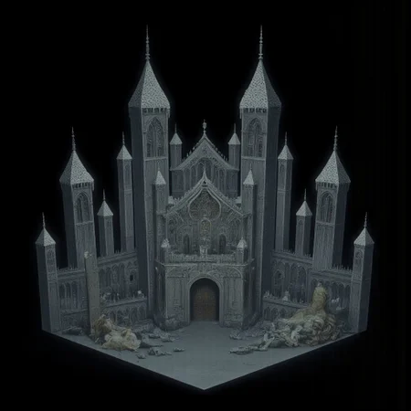 A Medieval castle with elderscrolls inspired aestetics and legend of zelda
Set against a solid dark black color background to emphasize its unsettling unnatural form that emphasizes its silhouette. The medium is not a traditional painting or illustrative medium like watercolor or ink but rather a digital 3D rendering.
MikeFranchinastyle, d4artstyle, d4concept, , bbstyle,, horror theme,, zbrush, ZBClay model of a gray sculpture, 1990's, 1990's style