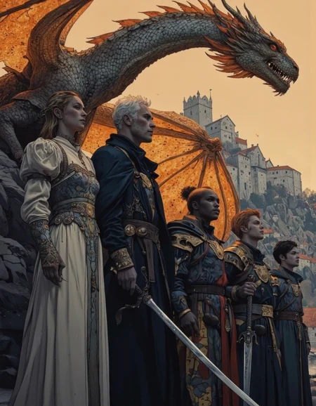 By Phandigrams. A dramatic digital illustration from a far camera angle about a group of fantasy characters standing in front of a dragon, with a castle in the background during sunset. the scene is set against a rocky hillside with a medieval village on it, and the dragon's fiery orange scales glisten in the warm light. the dragon, positioned at the top of the image, is towering over the group, with its mouth open, revealing sharp teeth and sharp claws. the characters are dressed in dark, ornate armor with intricate designs, and some of them are holding swords, while others are standing close together, looking at the dragon. the overall mood is intense and dramatic, with the characters' expressions conveying a sense of determination and strength.