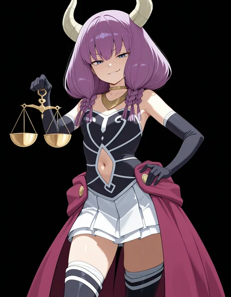 <lora:Aura:1>aur4, demon horns, demon girl, braid, multiple braids, purple hair, low-braided long hair, blue eyes,
d3fault4ura, gold necklace, white skirt, waist cape, black corset, strapless skirt, neck ring, navel cutout, detached sleeves, gloves, thigh boots,
looking at viewer, smirk, weighing scale, holding weighing scale, one hand on hip,
(solid black background:1.4), simple background,, masterpiece, best quality, amazing quality