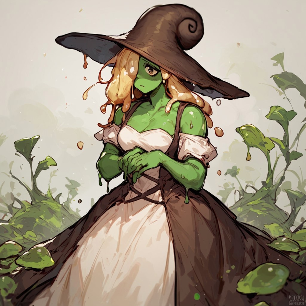 shelly, snail hat, slimy skin, green skin, hair over one eye, liquid hair, blonde, dress, snail witch, 1 girl, solo, (masterpiece, best quality, score_9, score_8_up, score_8:1.2), single view,