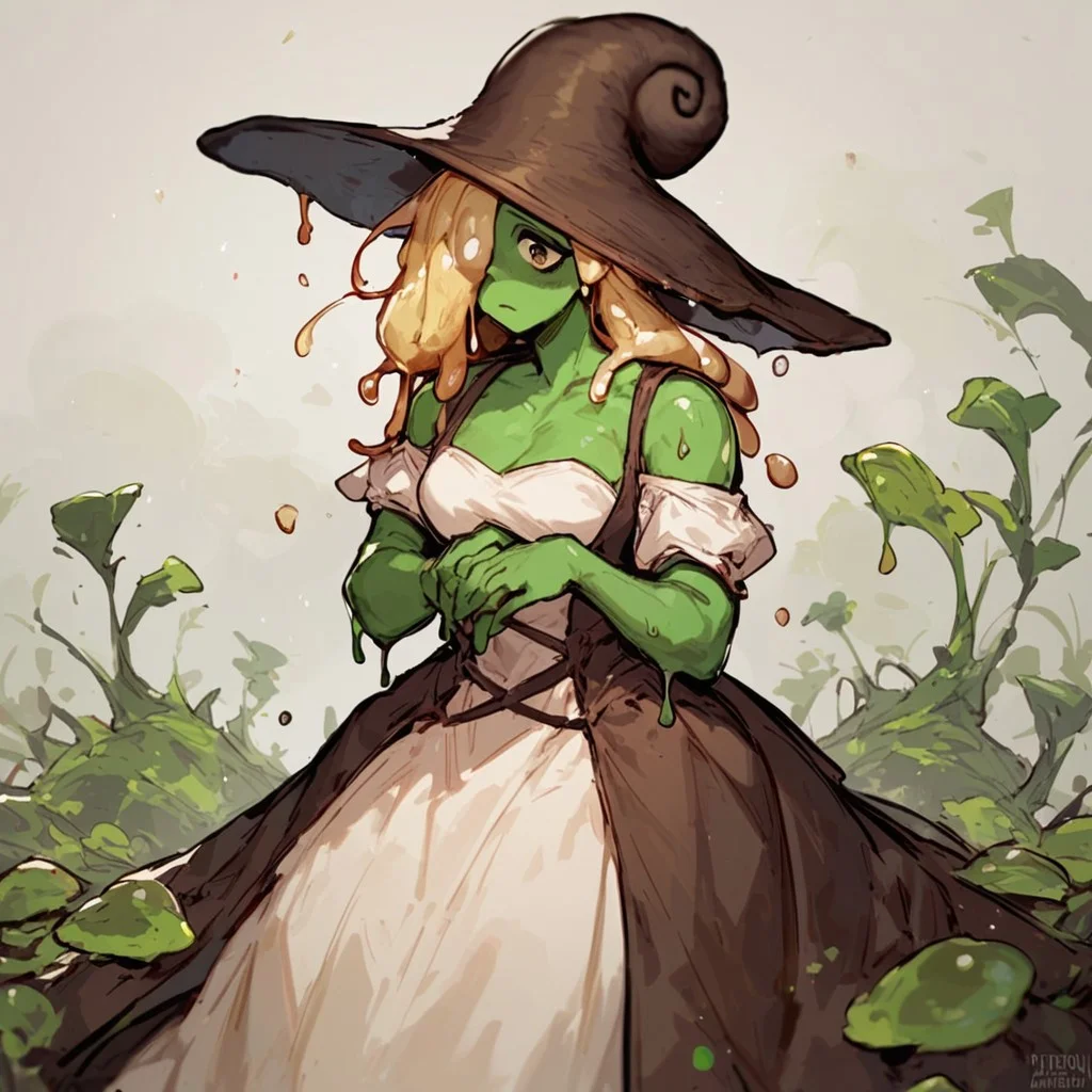 shelly, snail hat, slimy skin, green skin, hair over one eye, liquid hair, blonde, dress, snail witch, 1 girl, solo, (masterpiece, best quality, score_9, score_8_up, score_8:1.2), single view,