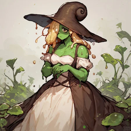 shelly, snail hat, slimy skin, green skin, hair over one eye, liquid hair, blonde, dress, snail witch, 1 girl, solo, (masterpiece, best quality, score_9, score_8_up, score_8:1.2), single view,