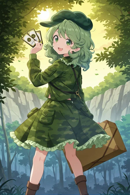 absurdres, highres, masterpiece, best quality, amazing quality, official anime artwork, screencap, anime screencap, outdoors, looking at viewer, dynamic pose, 
<lora:Takane-Yamashiro_Illustrious:1> yamashiro takane, 1girl, solo, green eyes, green hair, medium hair,, aqua hat, flat cap, key, green shirt, camouflage shirt, long sleeves, pocket, green skirt, camouflage skirt, frilled skirt, brown boots, shoulder strap, holding box, holding card, 
forest, from the back, open mouth, smile,