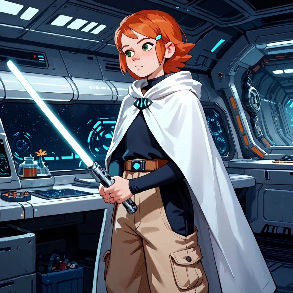 (score_9, score_8_up, score_7_up, score_6_up), re_gwen, orange hair, fair skin, freckles, Jedi tunic, baggy pants, holding, lightsaber, laser sword, green eyes, white cloak, star Wars, science fiction, starcraft, spacecraft interior