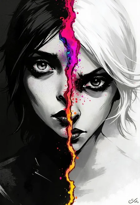 ArcaneFGTNR, A high-fashion close-up portrait in ultra-high resolution, showcasing two contrasting figures in a grayscale scene, divided by a vibrant splash of rainbow ink suspended mid-air between them. One figure is dressed in sleek black attire, their face illuminated with soft, ethereal white shadows that enhance the contours of their features. The other figure is in pure white, with dramatic, dark shadows cascading across their face, accentuating their intense, mysterious expression. In the center, a delicate swirl of rainbow-colored ink floats, creating a mesmerizing splash of color that contrasts with the monochrome surroundings. The fine details of their makeupadark, smoky eyes and matte lipsaare visible with striking clarity, while the rainbow ink adds a surreal touch, blending seamlessly into the scene. The grayscale background softly blurs, keeping all focus on the dramatic faces and vivid color burst, creating a captivating fusion of high fashion, elegance, and mystery. ANIcoMEij, comic style, comic, pencil scatch, drawing, comic, (rough lines with ink:1.4)