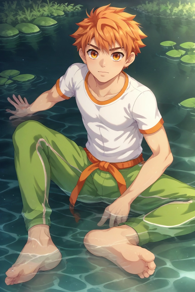 score_9, score_8_up, score_7_up, source_anime, rating_safe, , anime screencap, anime coloring, official style, looking at viewer, , 1boy, solo, male focus, <lora:jirou_camp_buddy_pony:0.92>, jirou_camp_buddy, orange hair, orange eyes, , dock, water, star reflection, ripple, night, dangling legs, looking up, dreamy expression, male Ageless Well-proportioned, Central Asian, Golden eyes, Cleft Chin, Blunt Jaw, Unusual Forehead, Elegantly Arched Feet, , Strawberry Blonde Cornrows hair, Amusement, wearing Linen-cotton trousers, Henley pocket T-shirt, , , Bandana andShirt garters, Hands on the back of the neck, indicating frustration or stress, <lora:sdxl_lightning_8step_lora:1>