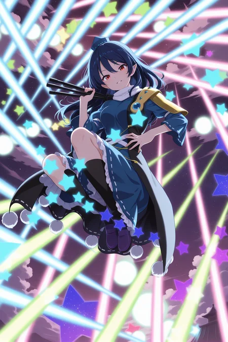absurdres, highres, masterpiece, best quality, amazing quality, official anime artwork, screencap, anime screencap, 
 <lora:Megumu-Iizunamaru_Illustrious:1> iizunamaru megumu, 1girl, solo, red eyes, blue hair, long hair,, tokin hat, blue hat, blue dress, ribbon-trimed dress, white scarf, black cape, shoulder guard, white socks, 
looking at viewer, night, night sky, star \(sky\), starry sky, parted lips, light smile, clouds, holding tripod, danmaku,