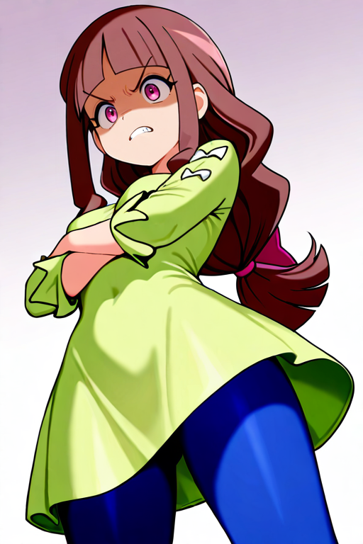 masterpiece, High quality, Ultra detailed, 2d, newest, absurdres, highres, BREAK
1girl, solo, <lora:tsukiyono_ruli:0.8>, ruli_tsukiyono,  long hair, low-tied long hair, blunt bangs, brown hair, purple eyes, 
medium breasts, ruliSk, long sleeves, green dress, blue Leggings, 
crossed arms, from below, angry, shaded face,
