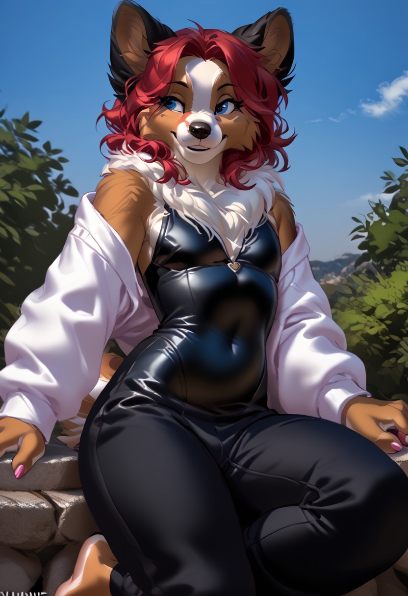 score_9, score_8_up, score_7_up, (by kittydee:1.5), (by jailbird:1.5), (by zummeng:1.5), masterpiece, best quality,
(Furry Art : Anthro : Papillon Dog:1.5), femboy, expressive eyes, feminine eyes, <lora:beautiful_detailed_eyes:1>, perfect face, feminine face, (beautiful red hair:1.5), (long curly hair with twintails and bangs:1.3), feminine body, flat chest, (flat belly:1.3), (wide hips:1.4), (slim waist:1.2), (thick thighs:1.4), (black leotard:1), (black shorts:1.5), dog, canine, very large pointy dog ears, fluffy dog ears, papillon dog ears, multicolored fur, black fur, white fur, brown fur, (sky blue eyes), humanoid feet, barefoot, paw pads, (5 toes:1.5), pink nails,