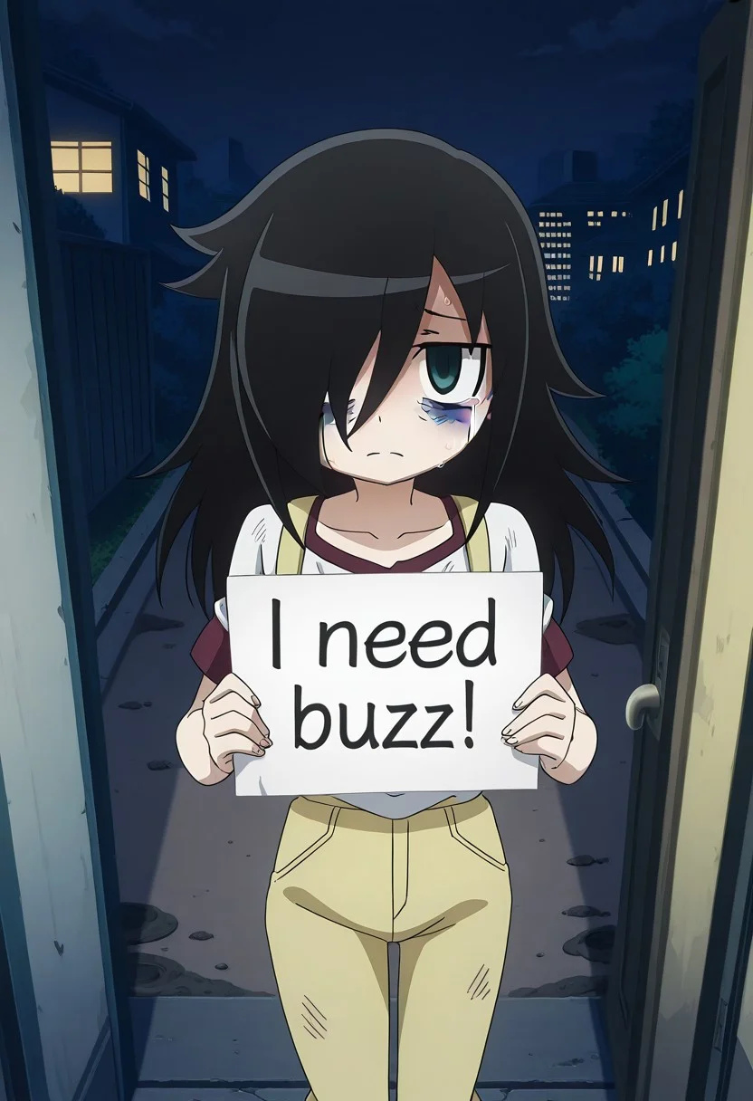 detailed background, official style, anime coloring, (anime screencap) masterpiece, detailed face, 1girl,  <lora:Tomoko_Kuroki:0.8>, Tomoko, small breasts, black hair, long hair, bags under eyes, hair between eyes, hair over one eye, flat chest, petit body, skinny, oversized breast cup, sad, sad expression, tears, need_buzz, holding sign, looking up at viewer, standing, sweating, dirty clothes, outdoors, night time, buildings in the background, pov, opening apartment door,