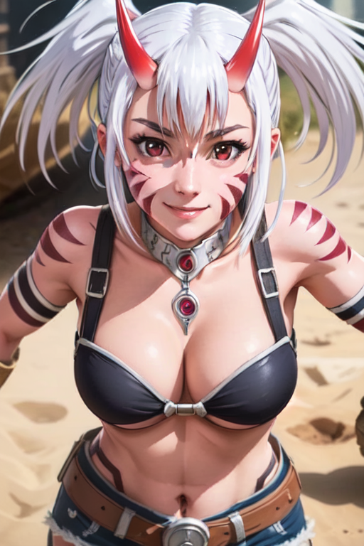 <lora:mimi:0.6>mimi, 1girl, solo, breasts, smile, red eyes, gloves, cleavage, medium breasts, white hair, horns, tattoo, colored skin, facial mark(masterpiece:1.2), (best quality), (ultra detailed), (8k, 4k, intricate),(full-body-shot:1), (highly detailed:1.2),(detailed face:1.2),(detailed background),detailed landscape, (dynamic angle:1.2), (dynamic pose:1.2),