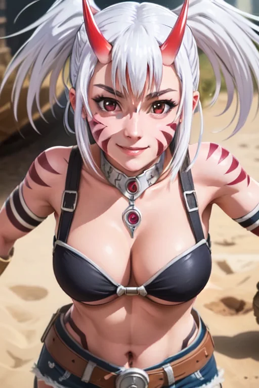 <lora:mimi:0.6>mimi, 1girl, solo, breasts, smile, red eyes, gloves, cleavage, medium breasts, white hair, horns, tattoo, colored skin, facial mark(masterpiece:1.2), (best quality), (ultra detailed), (8k, 4k, intricate),(full-body-shot:1), (highly detailed:1.2),(detailed face:1.2),(detailed background),detailed landscape, (dynamic angle:1.2), (dynamic pose:1.2),