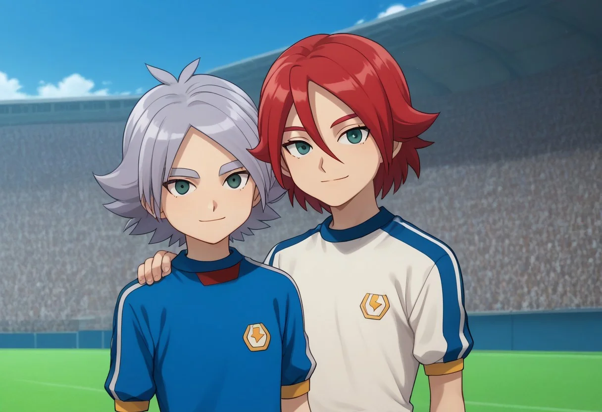 score_9, score_8_up, score_7_up, source_anime, highly detailed, 2boys,
fubuki, 1boy, male focus, grey hair, parted bangs, grey eyes, BREAK
hiroto, 1boy, male focus, red hair, hair between eyes, green eyes, BREAK
upper body, smile, slender, skinny, closed mouth, posing for a photo, looking at viewer,
soccer uniform, raimon,
outdoor,