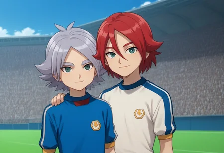 score_9, score_8_up, score_7_up, source_anime, highly detailed, 2boys,
fubuki, 1boy, male focus, grey hair, parted bangs, grey eyes, BREAK
hiroto, 1boy, male focus, red hair, hair between eyes, green eyes, BREAK
upper body, smile, slender, skinny, closed mouth, posing for a photo, looking at viewer,
soccer uniform, raimon,
outdoor,