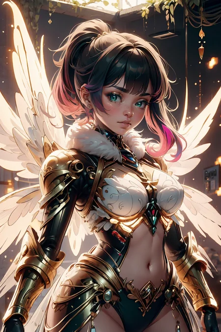 (masterpiece, best quality, highres, high resolution:1.2), extremely detailed, intricate details, 1girl, solo, looking at viewer, clamEmma, <lora:clamEmma:0.6>,  cowboy shot, <lora:attire_ro_wanderer-10:0.8> ragnarokwanderer, wings, bracelet, <lora:wrenchsmechs:0.6> wrenchsmechs, glowing, mecha, halo, (mechanical wings), <lora:frosted-style-richy-v1:0.8> frostedstyle , side-swept bangs, black hair, pink IncursioDipDyedHair, messy mid ponytail, green eyes, thick eyebrows, freckles, <lora:DipDyedHair:0.8>, <lora:weight_slider_v2:0.25>, (cinematic lighting, bloom, volumetric)