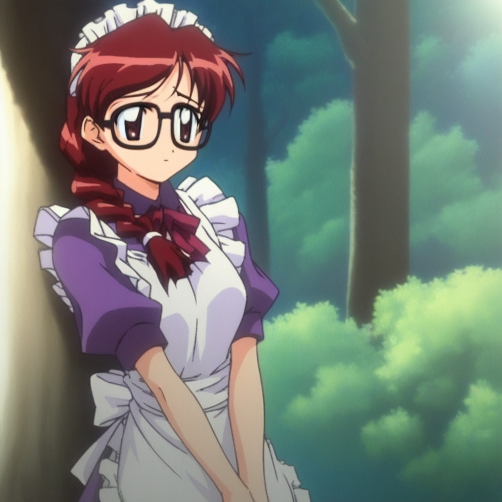 score_9, solo, minazuki_taeko, red hair, glasses, braided ponytail, maid headdress, apron, outdoors, tree, natural lighting