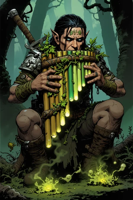 A wood elf warrior with intricate vine tattoos plays a panflute carved from the branch of an ancient forest spirit. Silver leaves are embedded along its length, each glowing with soft green light. The panflute's pipes are made from different colors of crystal, ranging from deep emerald to pale jade. Bioluminescent moss grows naturally between the pipes, pulsing softly with each note. Small woodland spirits made of mist and leaves dance around the musician's feet. , detailed background Fantastic lighting. Detailed shadows.intricate details, vivid colors, hyper-detailed, ultra-sharp, <lora:Ev_Ganin:0.4><lora:Vintage comic book:0.4><lora:RetroAnimeFluxV1:0.15><lora:Greg_Capullo_style:0.4><lora:jeanClaude_Mzires_Style_FLUX-000001:0.4><lora:PANFLUTE_FLUX>
