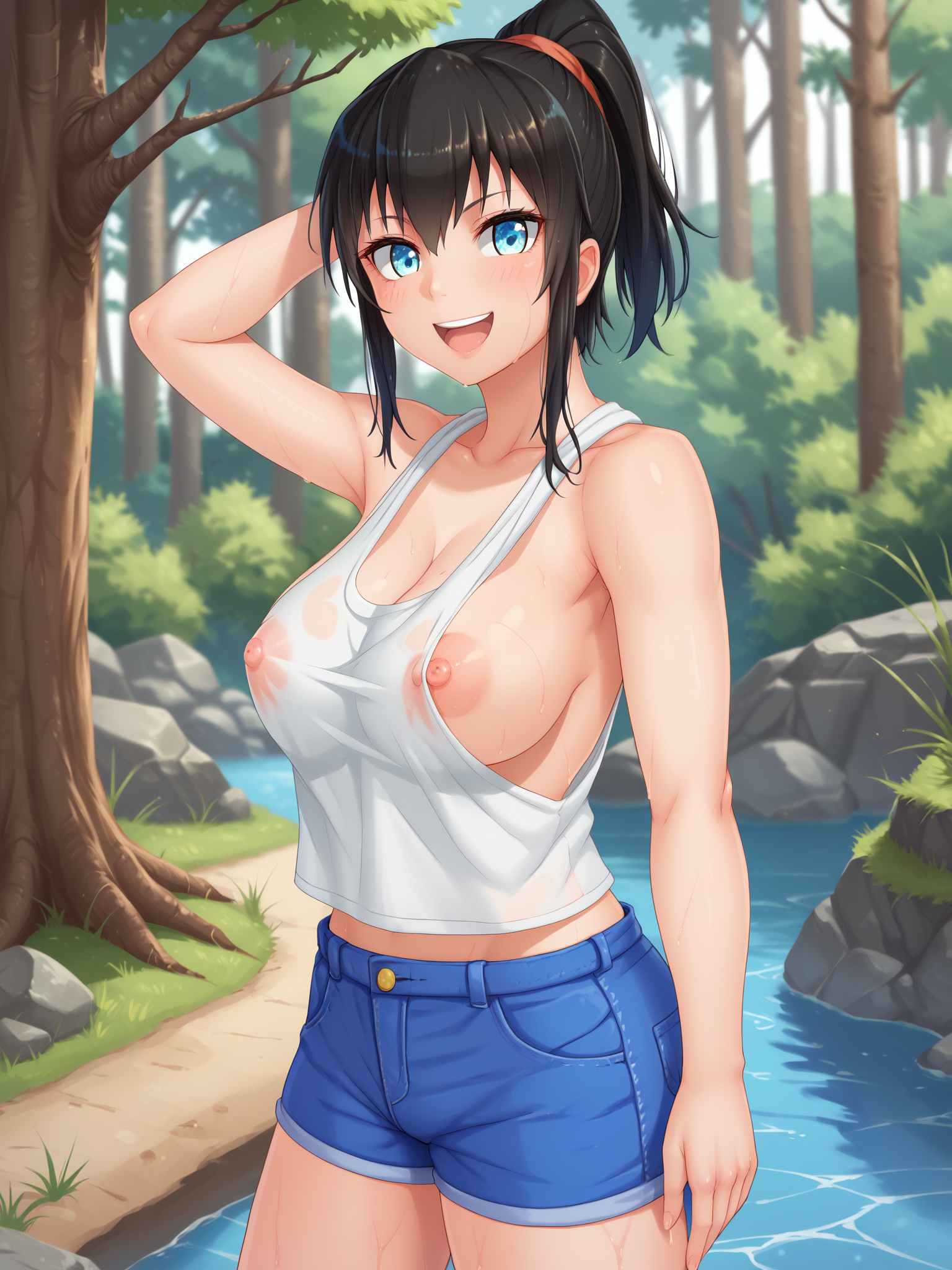score_9, score_8_up, score_7_up, score_6_up, score_5_up, score_4_up, detailed eyes, beautiful eyes, <lora:mfcgXL:0.4> <lora:PONYXL_FD-MegaBreastPack:0.5><lora:Yutaka V2:1> Yutaka, blue eyes, black hair, ponytail, large breasts, erect nipples, jean shorts, unbuttoned shorts, tank top, loose clothing, navel, smile, laughing, standing in a river, playing in the river, wet clothes, forest,   <lora:nipple_slip_from_side_pony_v02a:1> nipple slip, from side