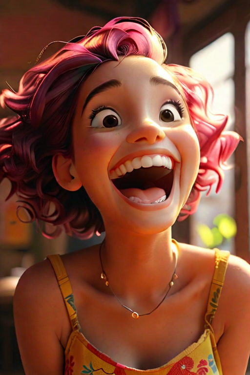 sunshine, girl laughing, no hair, vibrant, roll back and forth, cinematic lighting, <lora:add-detail-xl:0.48>, 8k, <lora:Cute_3D_Cartoon:0.64>,  <lora:animeoutlineV4_16:-0.5>, Designed by Bage