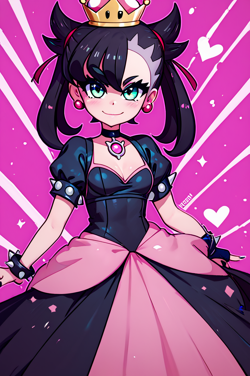 score_9, score_8_up, score_8, medium breasts, (curvy), cute, eyelashes,       BREAK, ,  zzShadowHimeMarnieCitron, super crown, black hair, twintails, asymmetric bangs, crown, black dress,  pink gemstone, pink waist bow, bangs, dress, jewelry, short sleeves, earrings, choker, black dress, black choker,    <lora:ShadowHimeMarnie_CitronOC_PDXL_v2:0.8>,, BREAK, smile, closed mouth, looking at viewer, cowboy shot,  ,,, embedding:zPDXL, Expressiveh, ,,, <lora:MantisStyle_PDXL_v2:0.8>, <lora:SDXLFaeTastic2400:0.5>, <lora:Expressive_H-000001:0.4>,